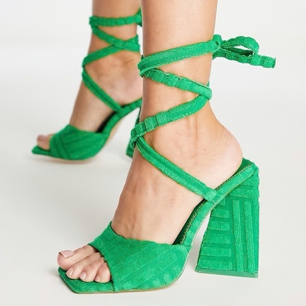 ASOS Public Desire Block Heel Green US 6 Sandal Peep Slip Tie Up Heels Towel Y2K